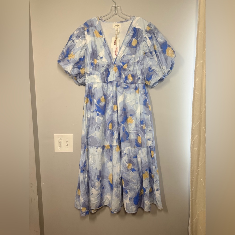 Jessica Simpson Blue and White Floral Puff-Sleeve Midi Dress - Picture 2 of 4